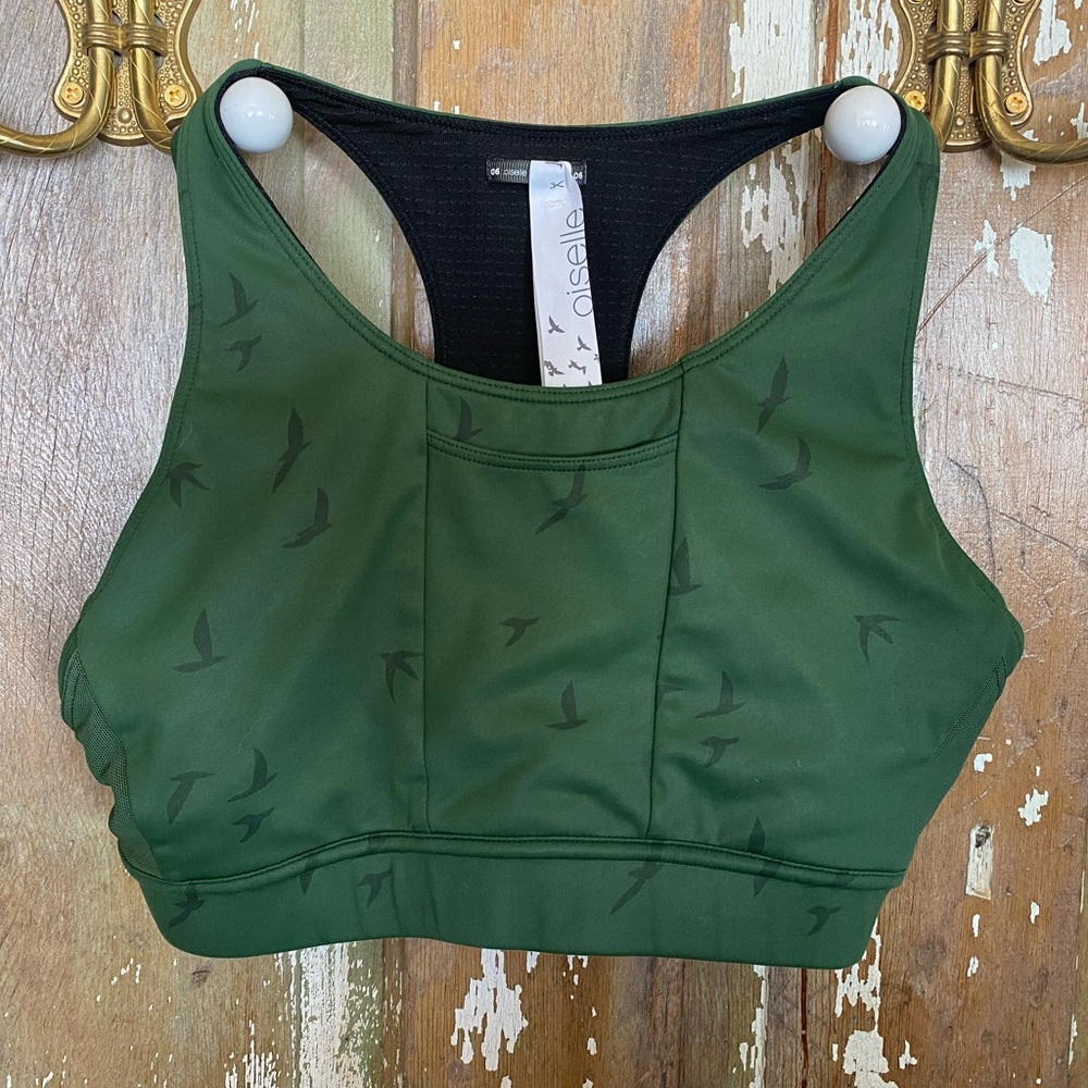 Oiselle ‘Pockito’ Moss Green Sports Bra Wings-Out🪽
